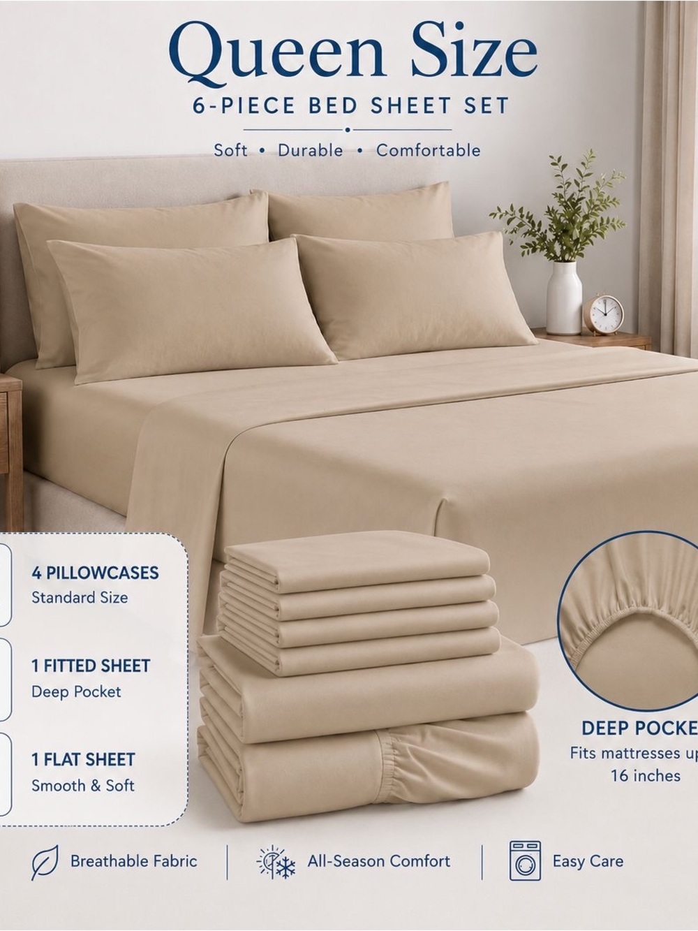Queen Size 6-Piece Sheet Set - Beige Comfort Bedding